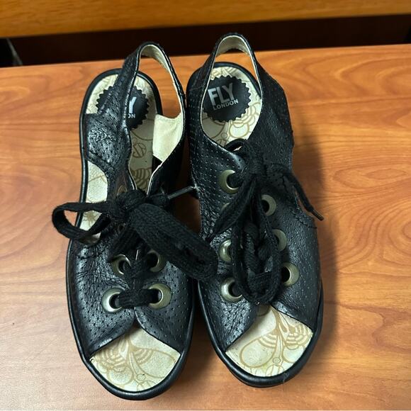Fly London Ylva Lace Up Wedge Sandals Womens 38 7-7.5 Black Summer Open Toe - Picture 3 of 13